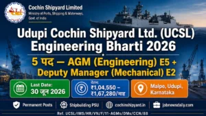 UCSL Recruitment 2026 Udupi Cochin Shipyard AGM and Deputy Manager 5 posts apply before 30 June 2026