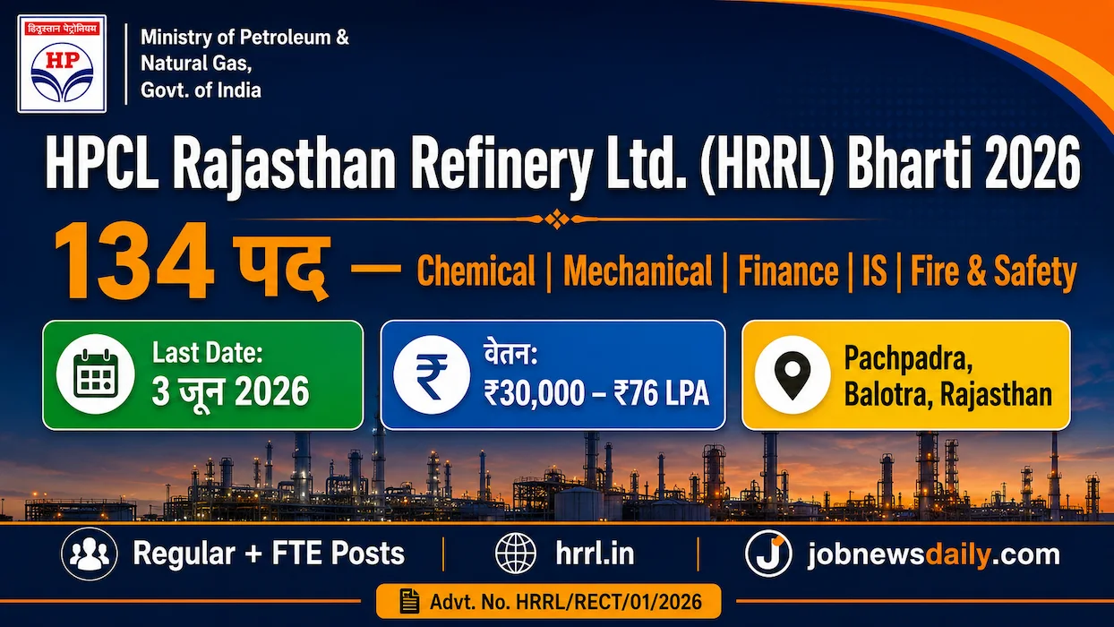 HRRL Recruitment 2026 banner announcing 134 vacancies in Chemical, Mechanical, Finance, IS, and Fire & Safety departments with online application details.