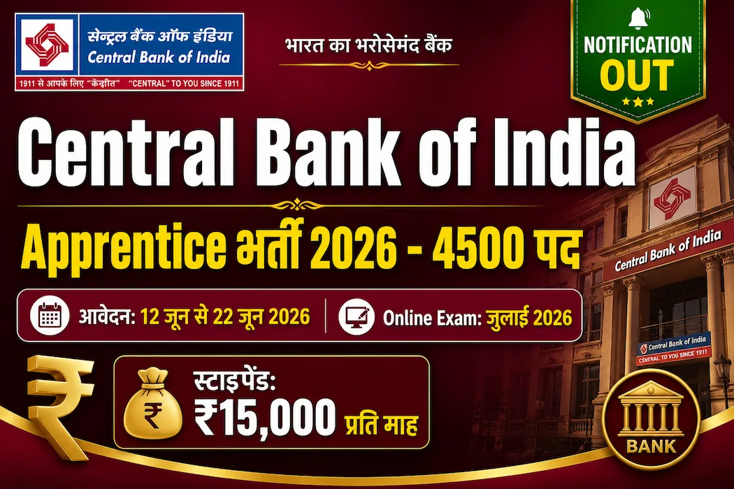 Central Bank of India Apprentice Recruitment 2026 4500 posts apply 12 to 22 June bank jobs