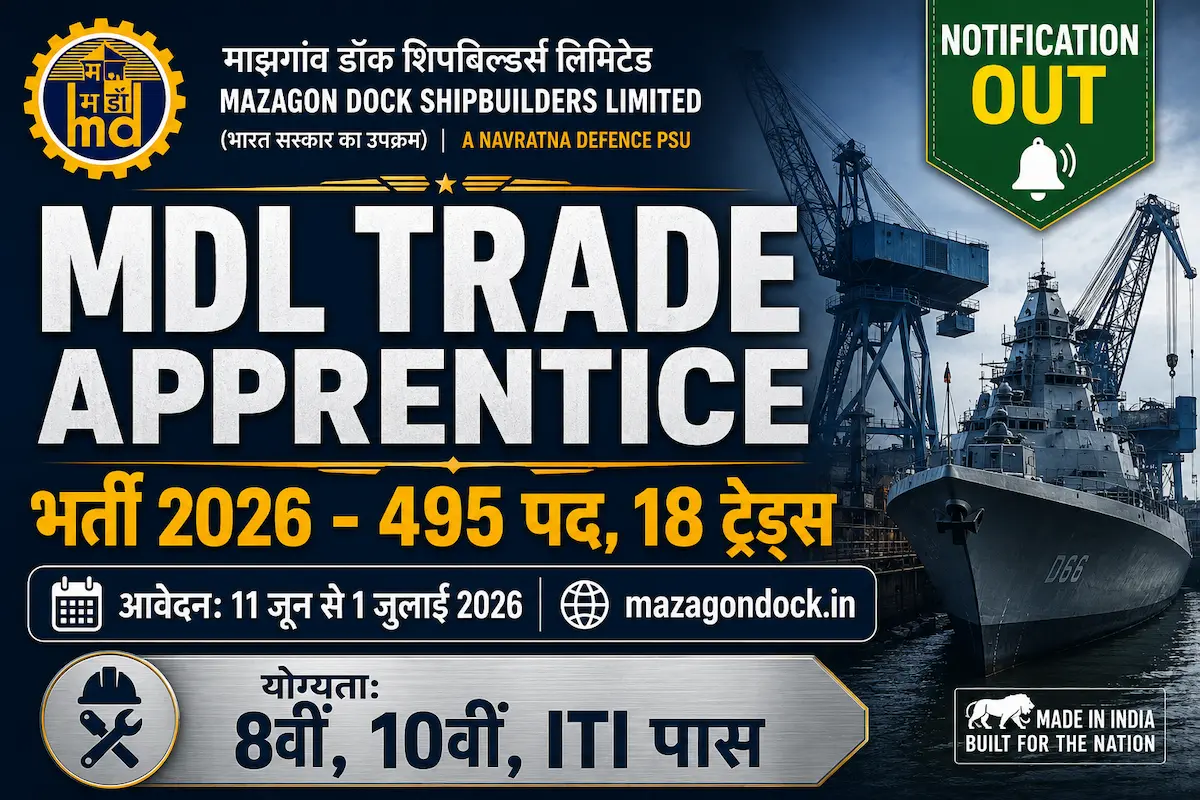 MDL Trade Apprentice Recruitment 2026 495 posts apply from 11 June to 1 July ITI jobs