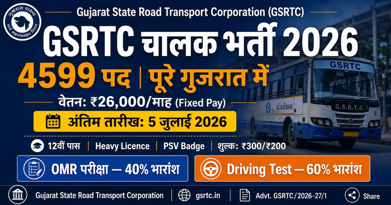 GSRTC Driver Recruitment 2026 Gujarat 4599 posts apply before 5 July salary 26000 heavy licence required
