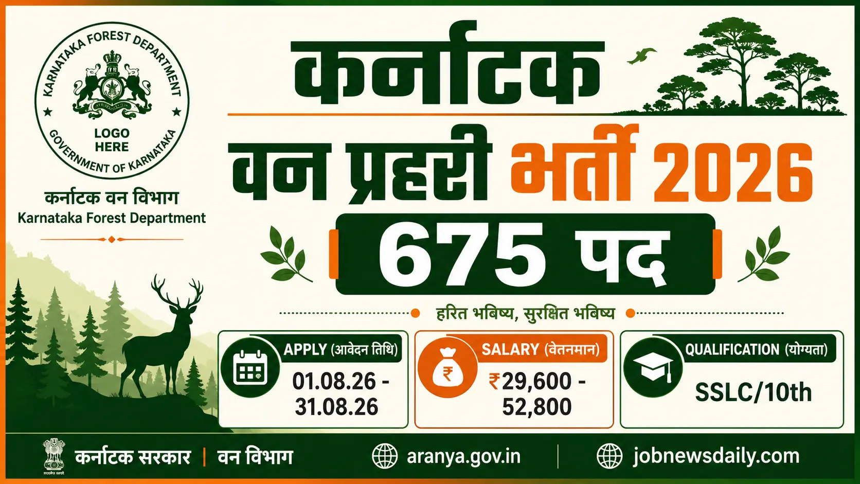 Karnataka Forest Department Observer Bharti 2026 for 675 posts, apply from 1 August to 31 August, salary ₹29,600 to ₹52,800