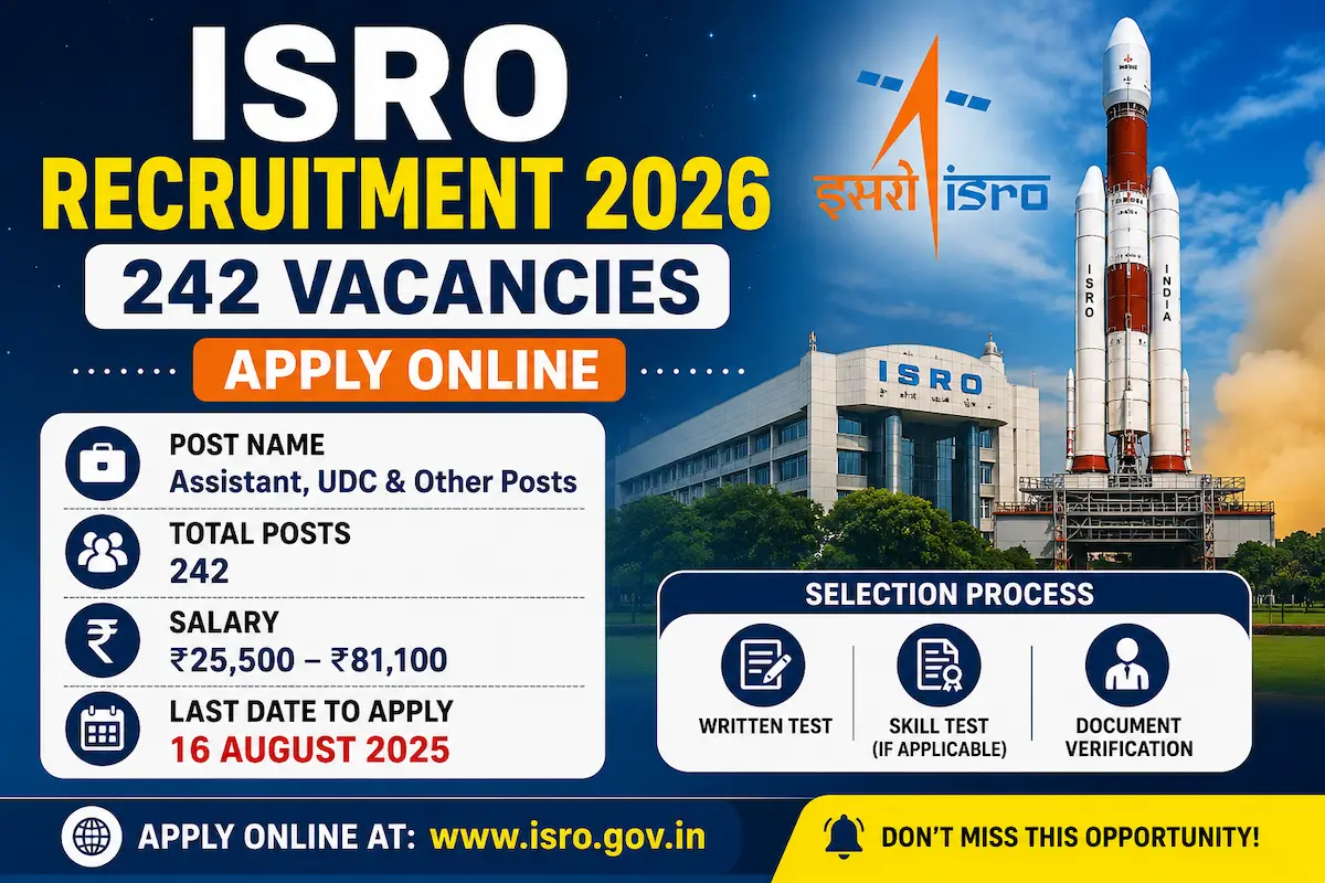 ISRO Recruitment 2026 242 Vacancy Assistant UDC JPA Stenographer Apply Online