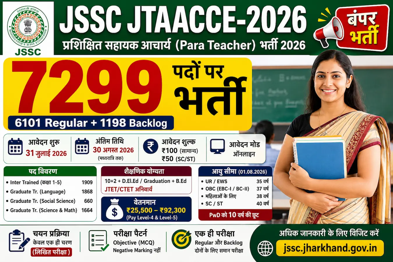 JSSC Para Teacher Recruitment 2026 7299 vacancy apply online last date 30 August Jharkhand teacher jobs banner