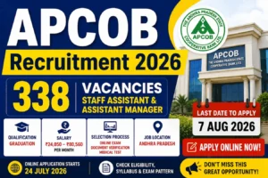 APCOB Recruitment 2026 notification banner showing 338 vacancies for Staff Assistant and Assistant Manager posts with apply dates and salary details