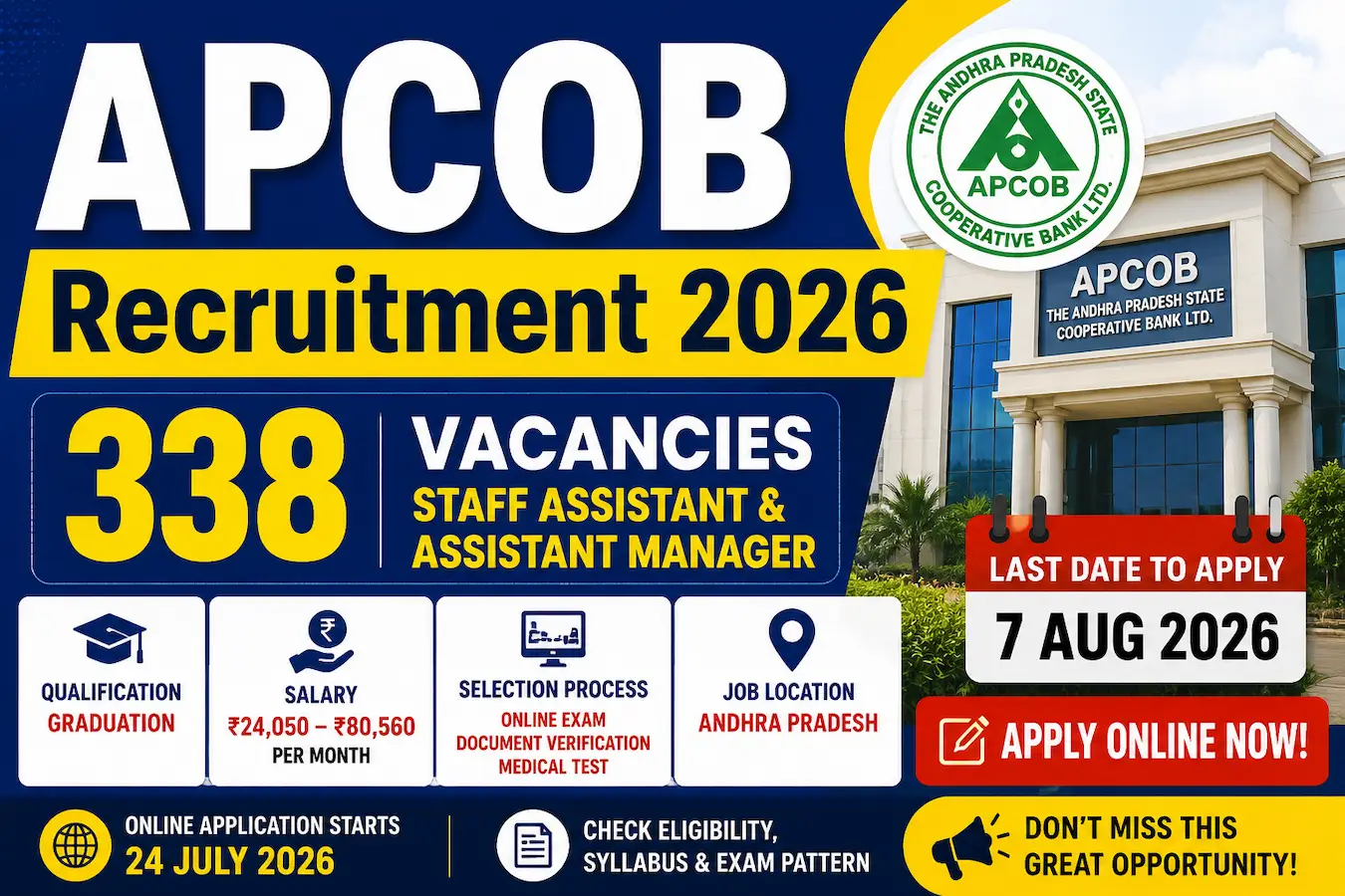 APCOB Recruitment 2026 notification banner showing 338 vacancies for Staff Assistant and Assistant Manager posts with apply dates and salary details