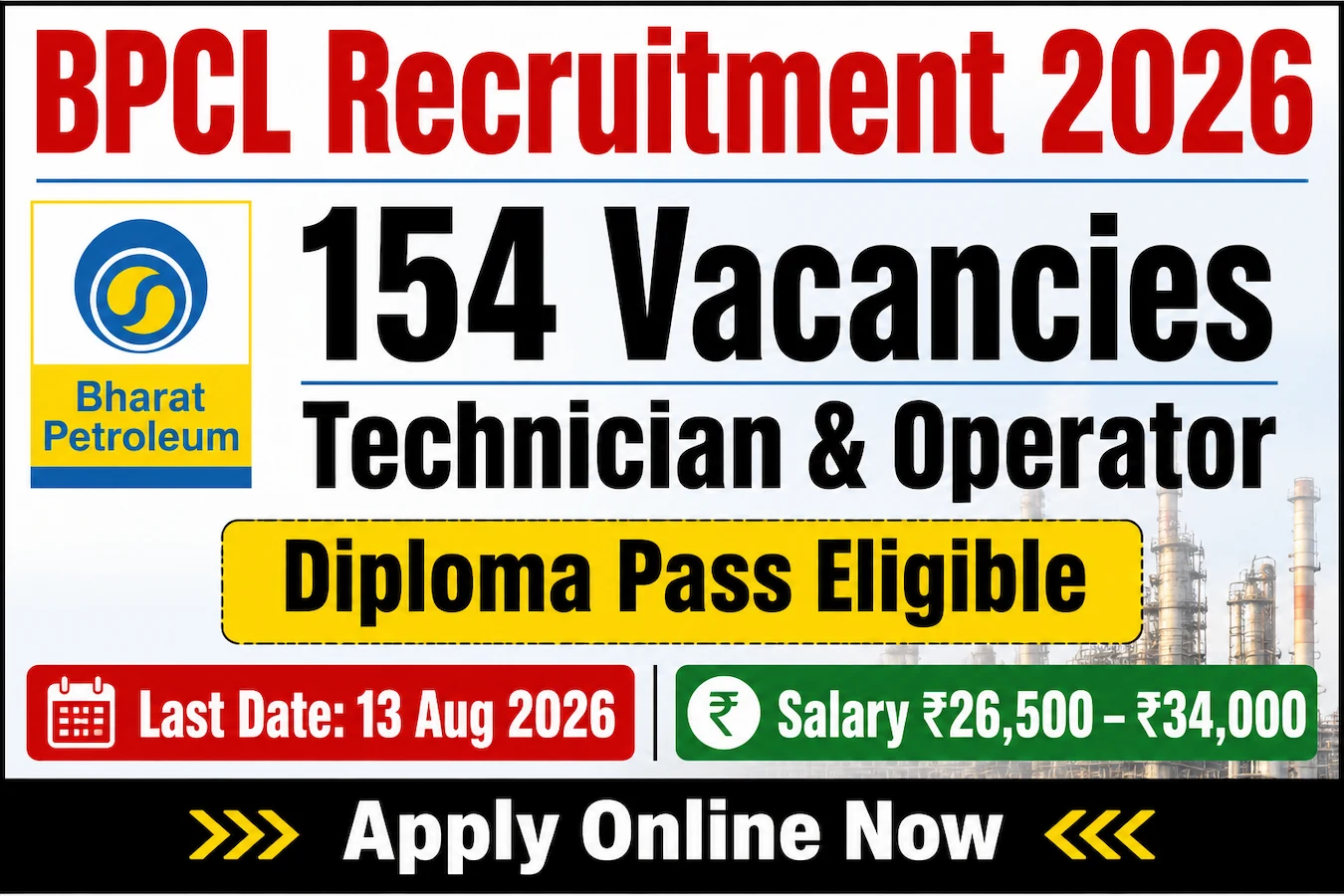 BPCL Non-Management Recruitment 2026 – Apply Online for 154 Technician & Operator Posts before 13 August 2026