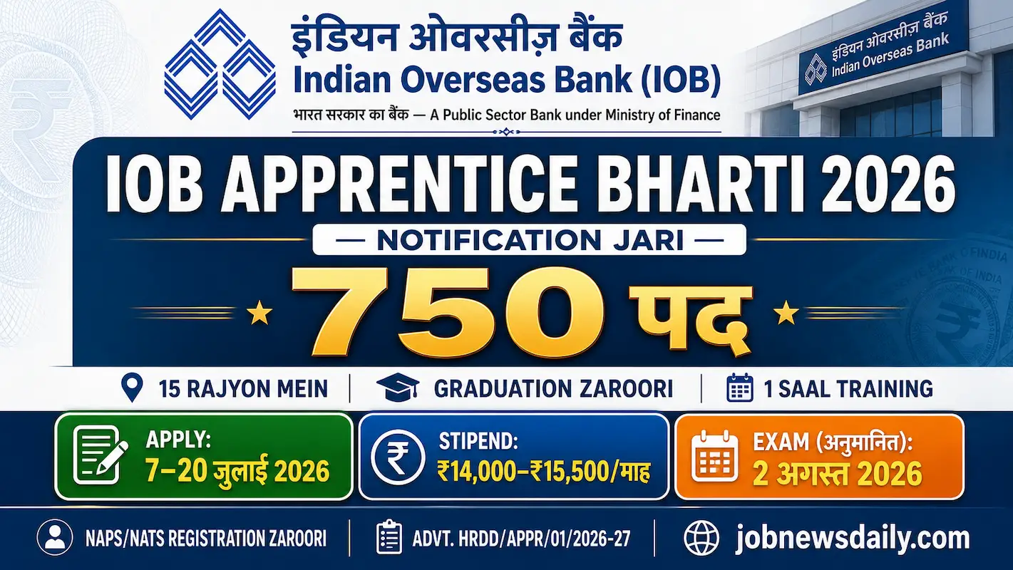 IOB Apprentice Recruitment 2026 750 posts apply 7 to 20 July stipend 14000 to 15500 bank jobs