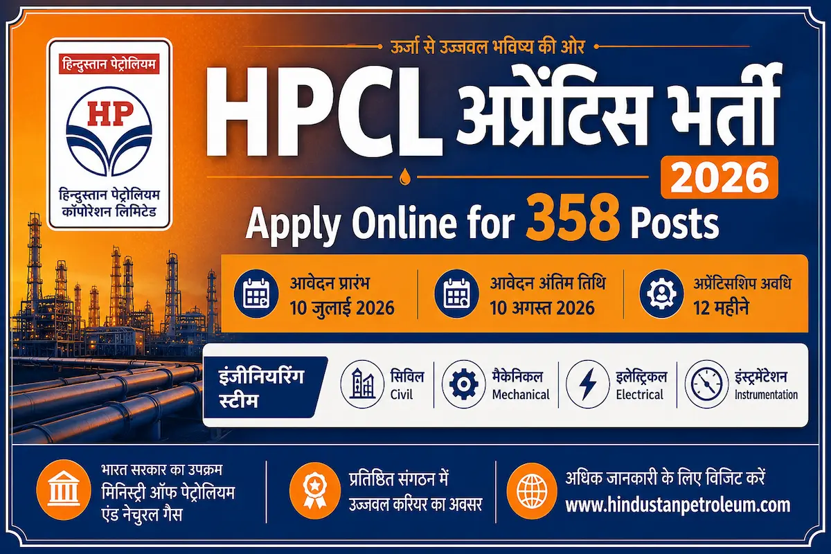 HPCL Apprentice Recruitment 2026 for 358 engineering posts, apply online for Graduate Apprentice Trainee at Hindustan Petroleum