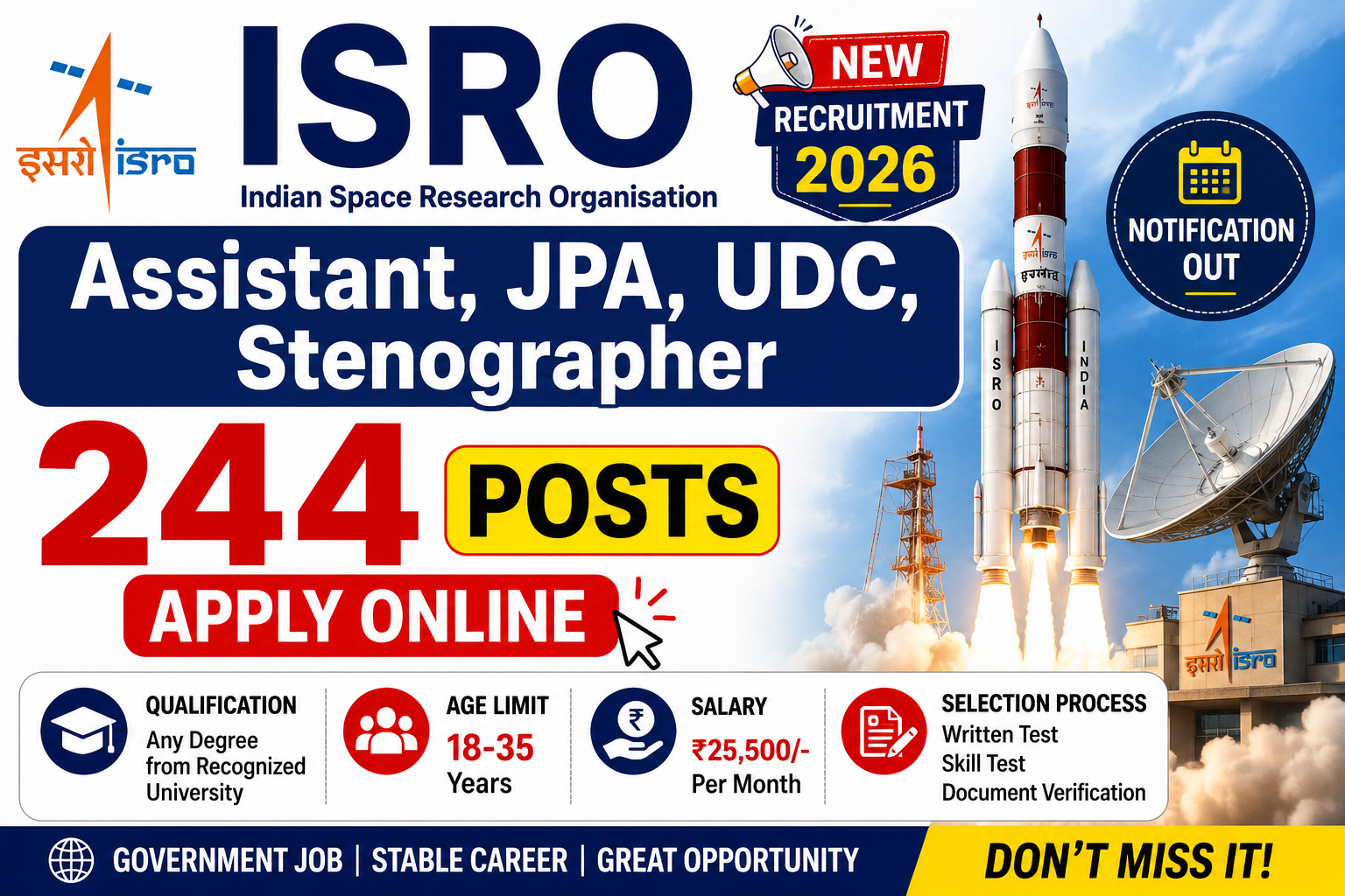 ISRO Assistant JPA UDC Stenographer Recruitment 2026 banner showing 244 posts with apply online details and eligibility information