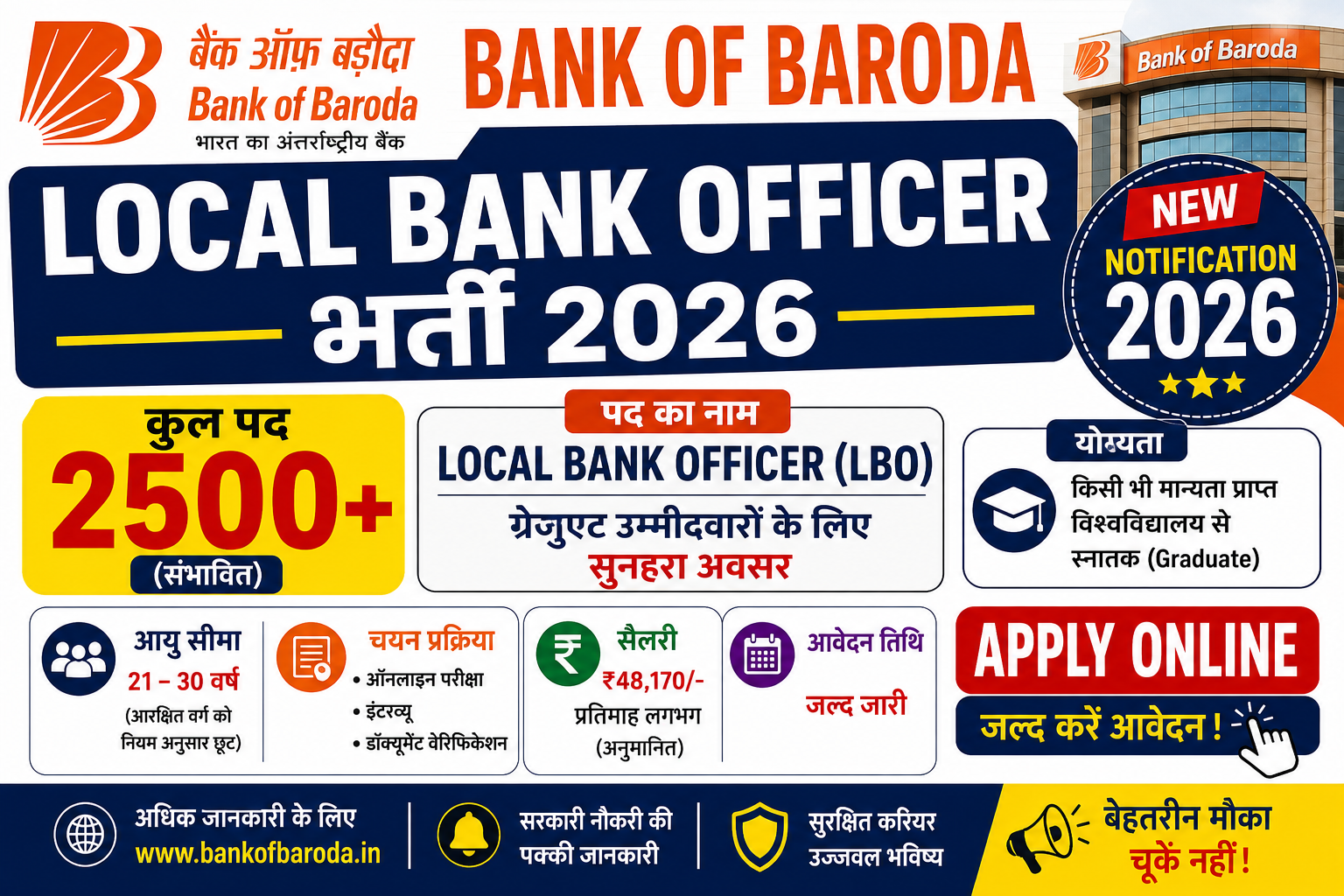 Bank of Baroda Local Bank Officer Recruitment 2026 banner showing 2500+ LBO posts with graduate eligibility and apply online details