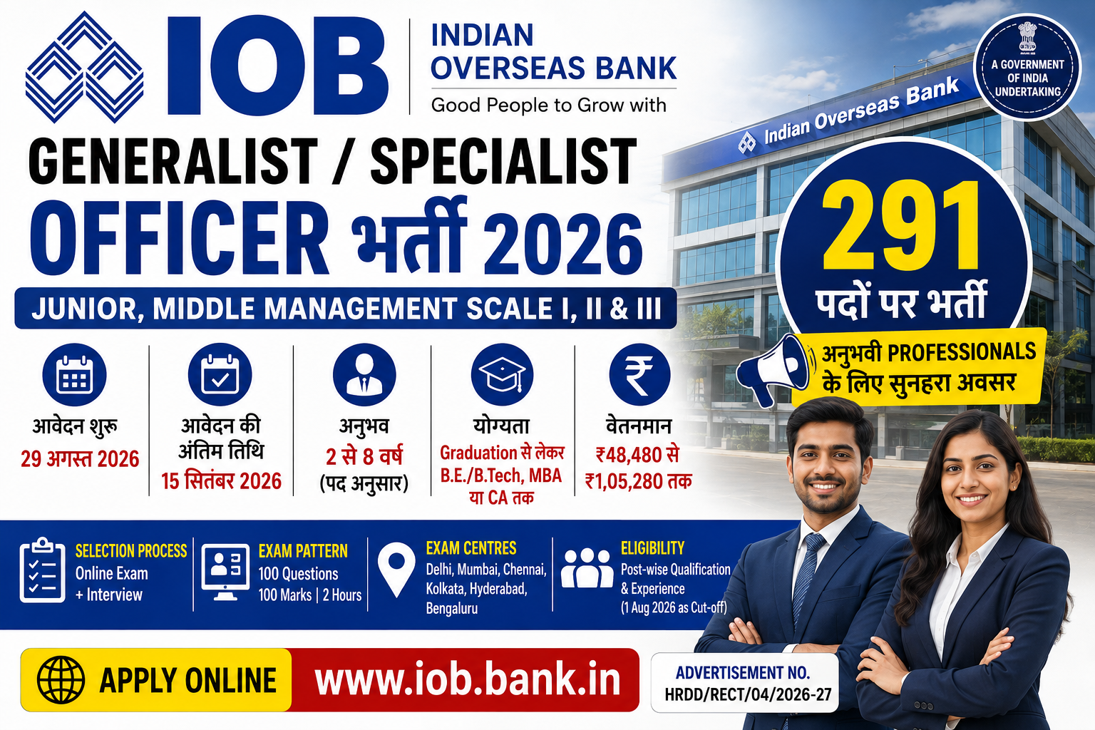 IOB Recruitment 2026 for 291 Generalist and Specialist Officer posts