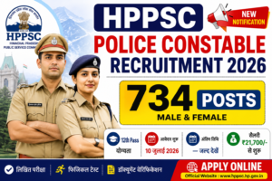 HPPSC Police Constable Recruitment 2026 banner showing 734 posts for male and female candidates with apply online details