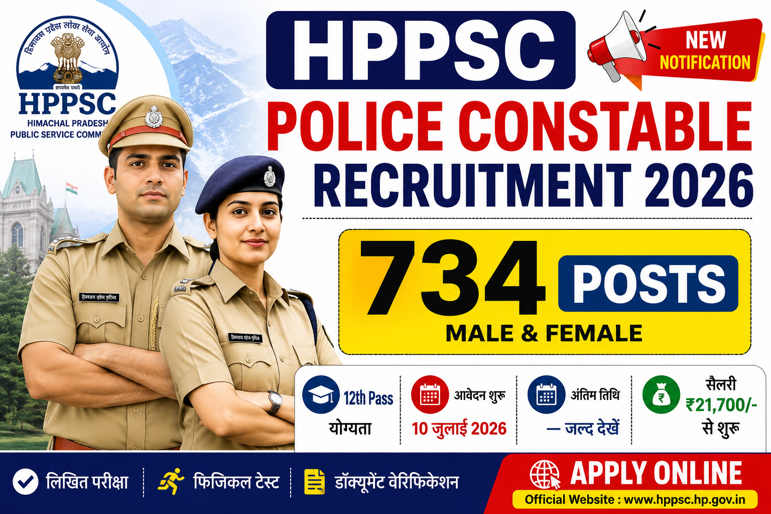 HPPSC Police Constable Recruitment 2026 banner showing 734 posts for male and female candidates with apply online details