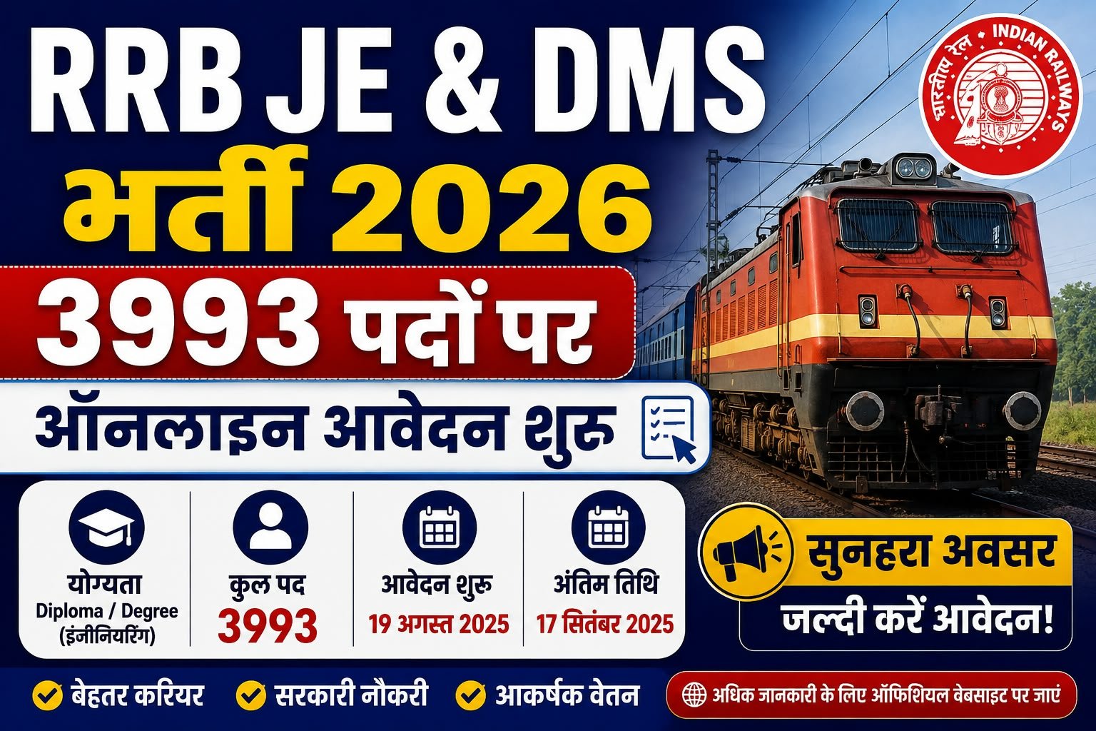 अन्य भर्ती पोस्ट: RRB NTPC UG City Intimation Slip 2026 Out – Download Now Railway RRB ALP Recruitment 2026 — CEN 01/2026, 11127 Posts, Apply Online by 14 June 2026 Konkan Railway Recruitment 2026 Walk-in 36 Posts RRB JE & DMS भर्ती 2026 में 3993 पदों पर ऑनलाइन आवेदन शुरू होने की जानकारी वाला रेलवे भर्ती पोस्टर।