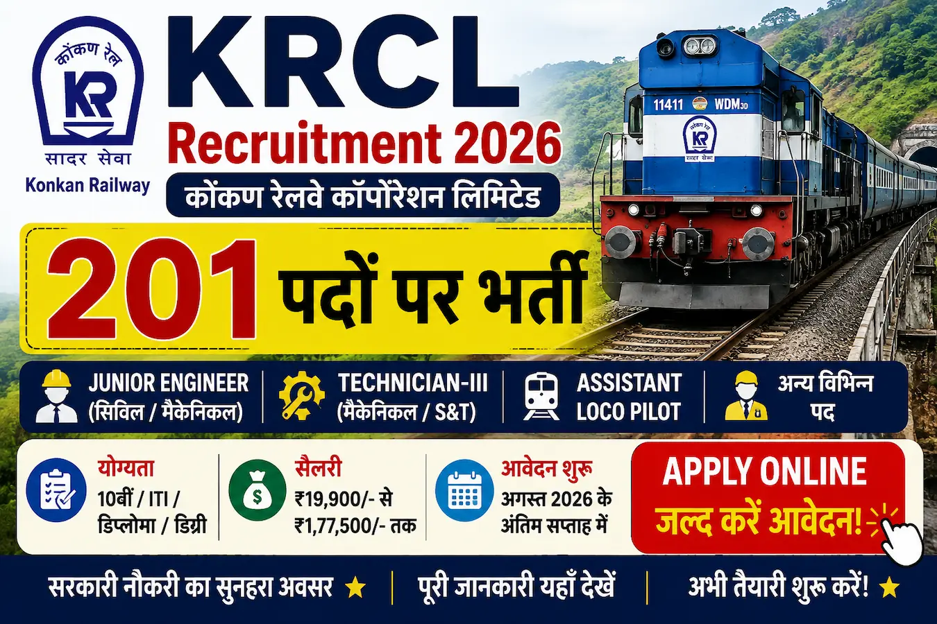 KRCL Recruitment 2026 के लिए 201 Junior Engineer, Technician और अन्य पदों की भर्ती का पोस्टर
