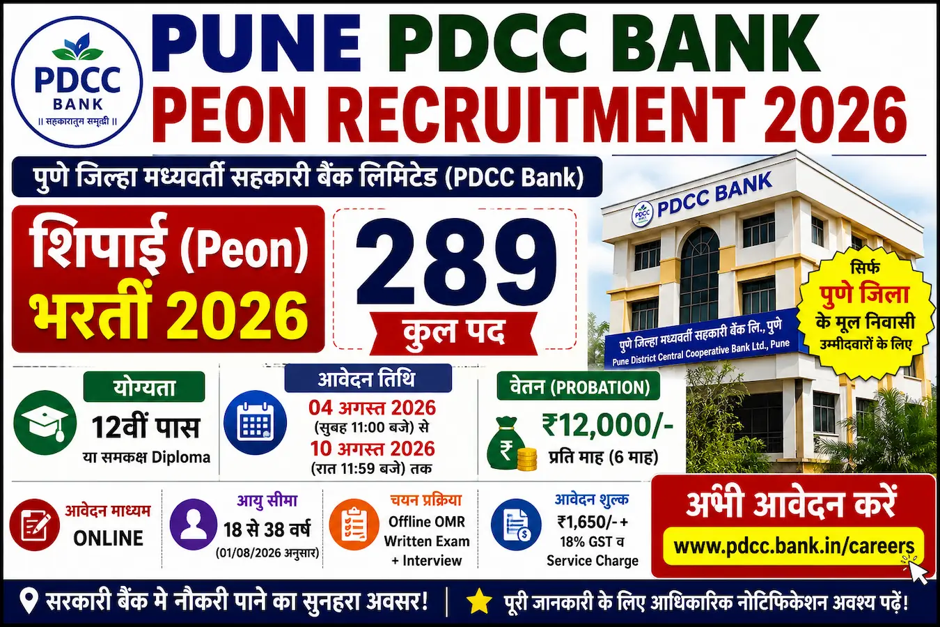 PDCC Bank Pune Peon Recruitment 2026 289 Vacancy Apply Online Banner