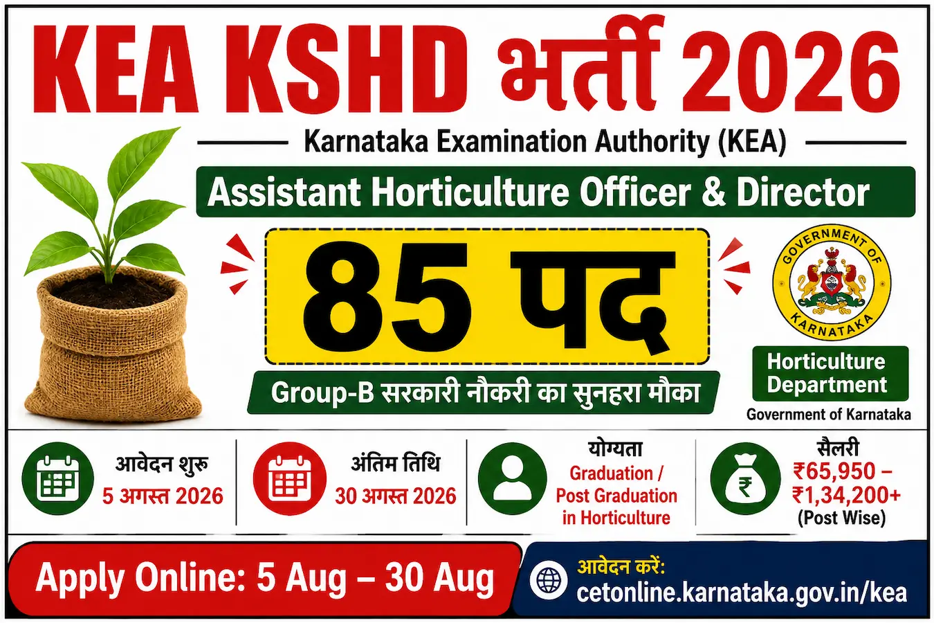 KEA KSHD भर्ती 2026 85 पद Assistant Horticulture Officer Director Notification Karnataka Horticulture Jobs