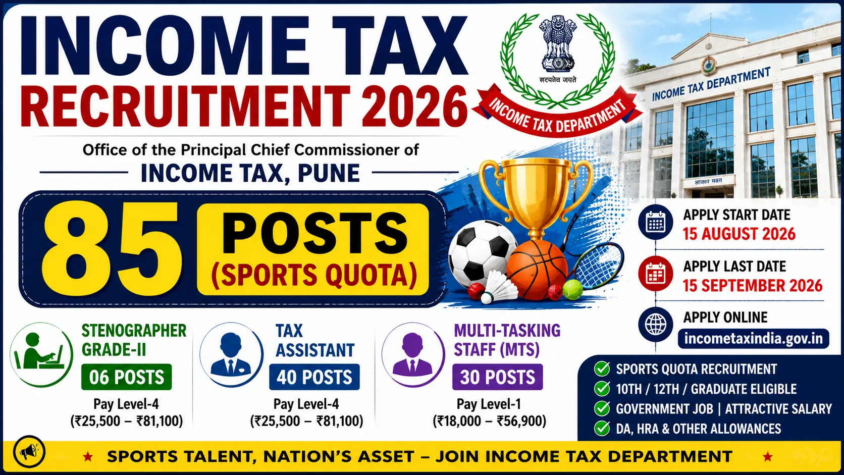 Income Tax Pune Sports Quota Recruitment 2026 85 posts Stenographer Tax Assistant MTS