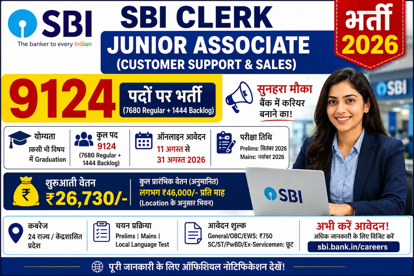 SBI Clerk Junior Associate भर्ती 2026 9124 Vacancy Customer Support Sales Notification