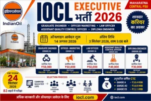 IOCL Executive भर्ती 2026 showing Graduate Engineer, Marketing Officer, Law Officer and Diploma Engineer posts with salary and apply dates