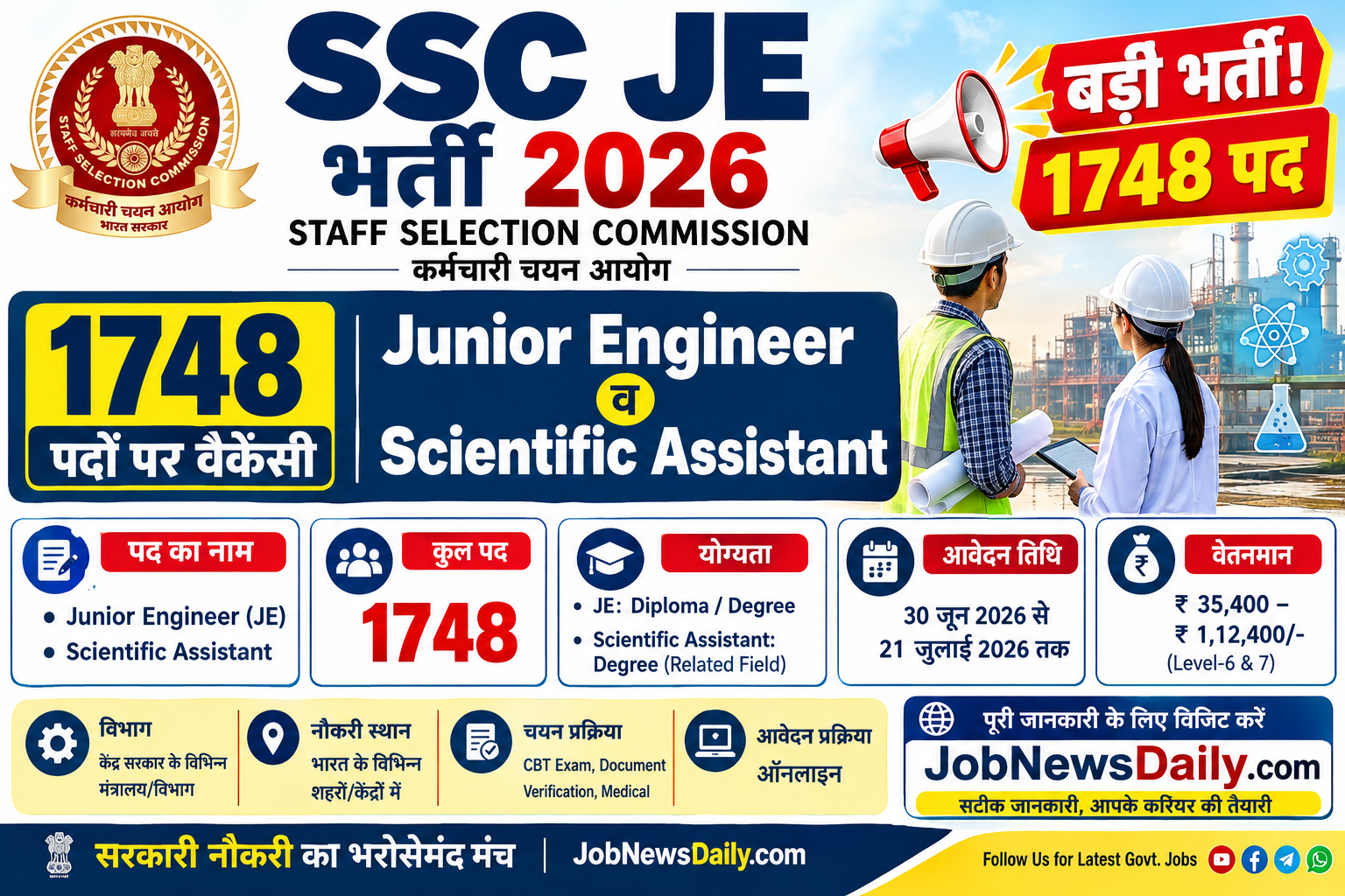 SSC JE Recruitment 2026 for 1748 Junior Engineer and Scientific Assistant posts