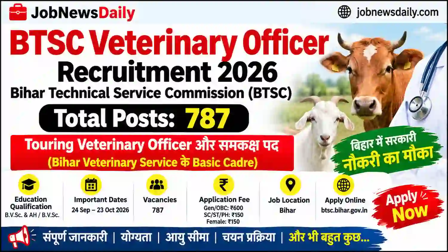 BTSC Veterinary Officer भर्ती 2026 – 787 Touring Veterinary Officer Vacancies