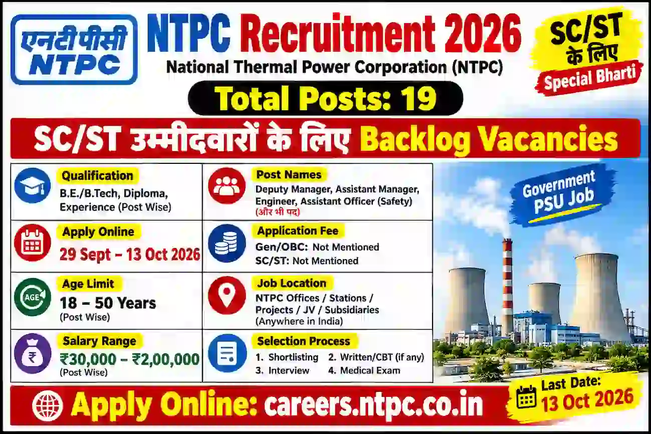 NTPC Recruitment 2026 – 19 SC ST Special Backlog Vacancies Apply Online