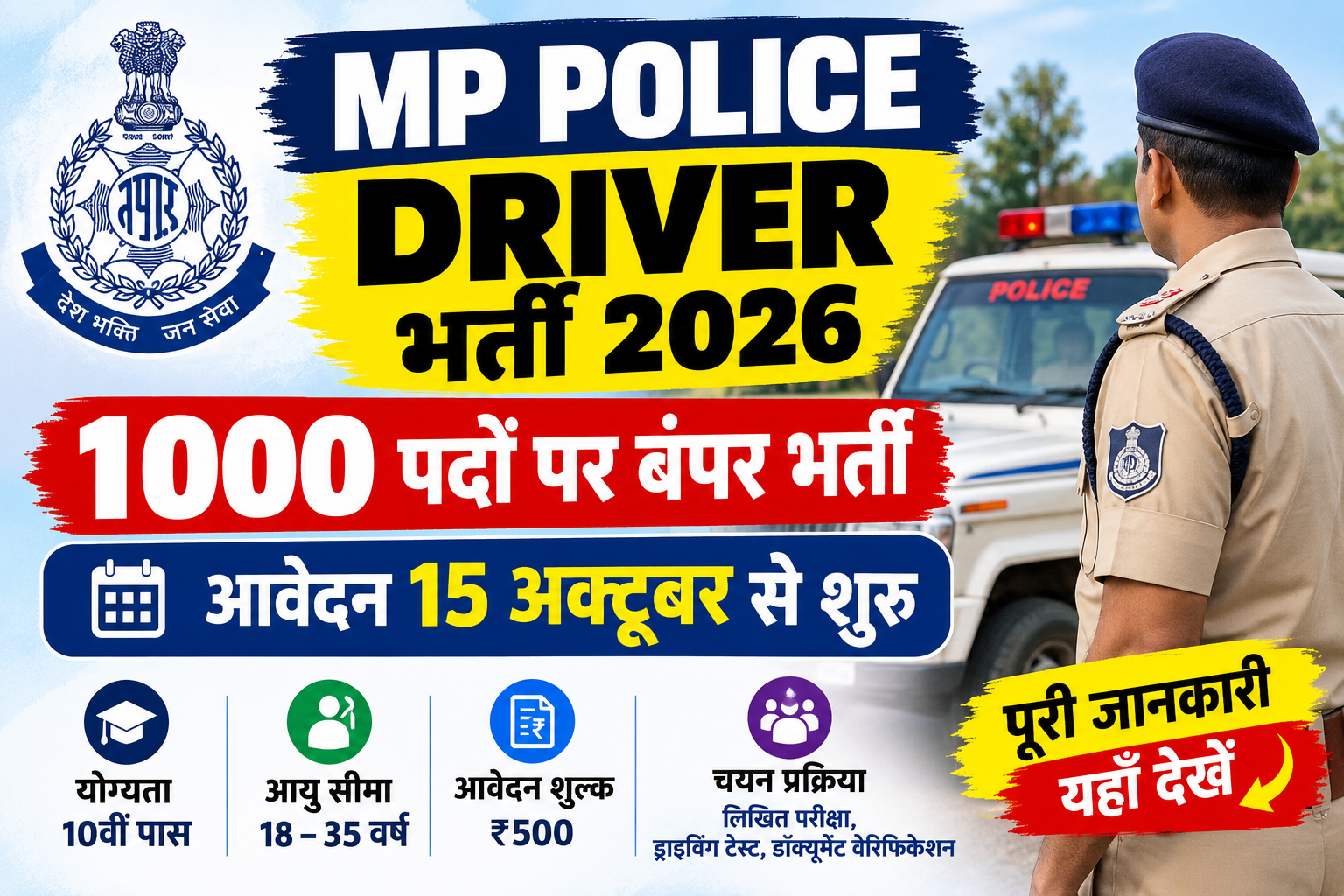 MP Police Driver Recruitment 2026: 1000 पदों पर भर्ती, आवेदन 15 अक्टूबर से