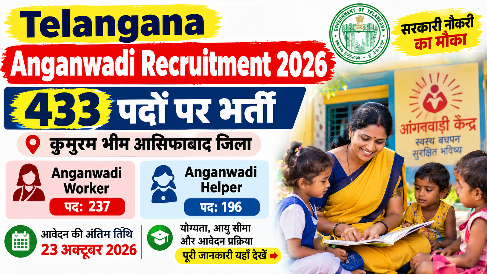 Telangana Anganwadi Recruitment 2026 के तहत कुमुरम भीम आसिफाबाद जिले में 433 आंगनवाड़ी वर्कर और हेल्पर पदों की भर्ती की जानकारी दर्शाती तस्वीर।