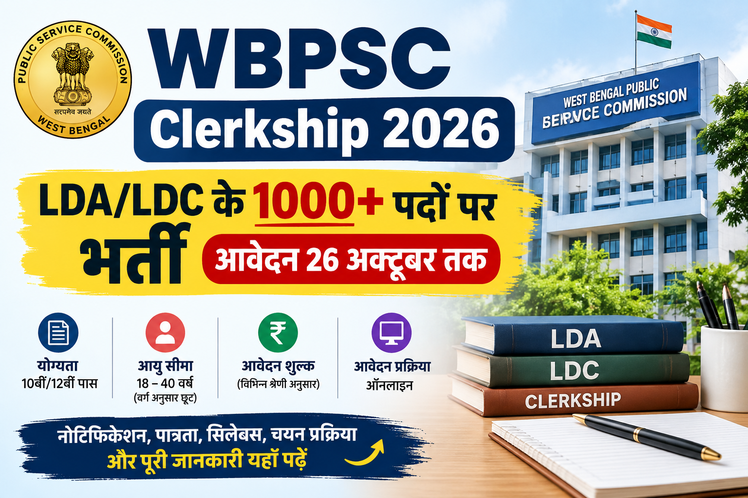 WBPSC Clerkship 2026 LDA LDC भर्ती, आवेदन 26 अक्टूबर 2026 तक