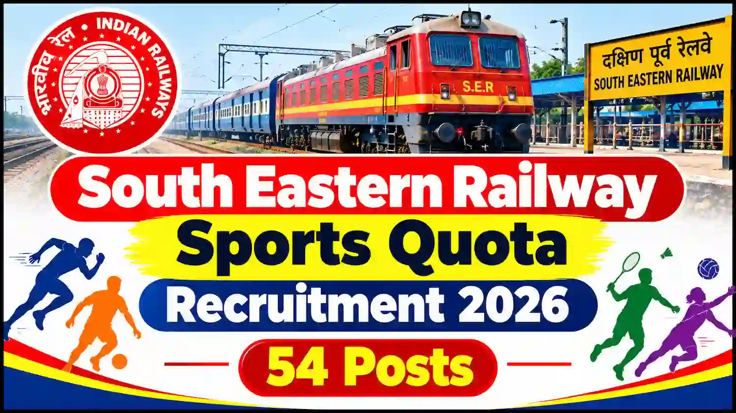 RRC SER स्पोर्ट्स कोटा भर्ती 2026 के तहत South Eastern Railway में 54 पदों पर खिलाड़ियों की भर्ती, रेलवे ट्रेन और स्पोर्ट्स थीम वाले बैनर के साथ।
