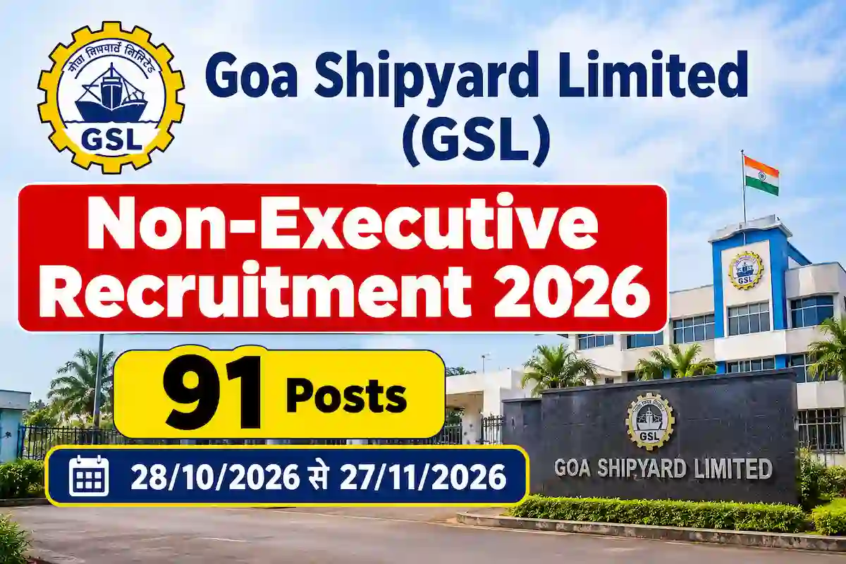 Goa Shipyard Limited (GSL) नॉन-एक्जीक्यूटिव भर्ती 2026 के लिए 91 पदों का भर्ती बैनर, जिसमें आवेदन की तारीख 28 अक्टूबर से 27 नवंबर 2026 तक दी गई है।