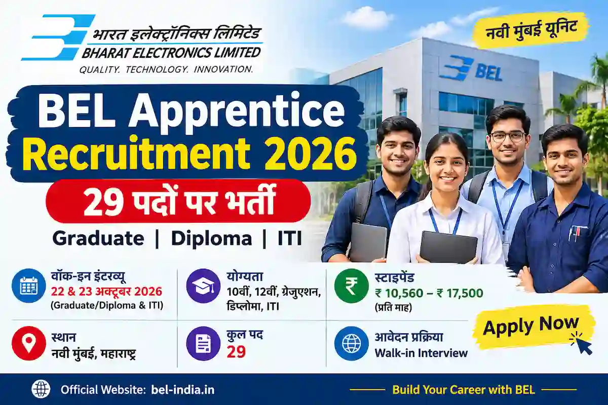 BEL Apprentice भर्ती 2026 में Graduate, Diploma और ITI Apprentice के 29 पदों पर भर्ती, वॉक-इन इंटरव्यू 22 और 23 अक्टूबर को।