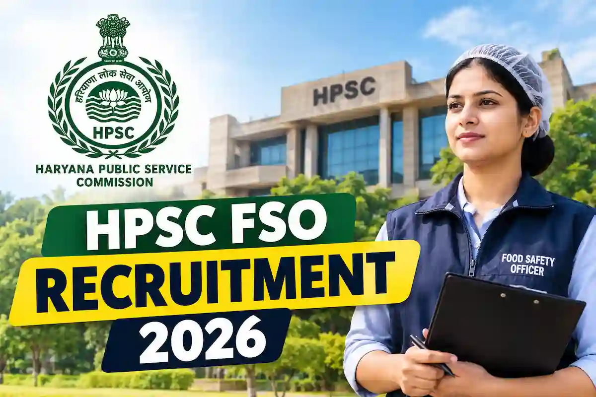 HPSC FSO ग्रुप-B 2026 भर्ती बैनर, हरियाणा लोक सेवा आयोग की बिल्डिंग, HPSC लोगो और फूड सेफ्टी ऑफिसर की तस्वीर।